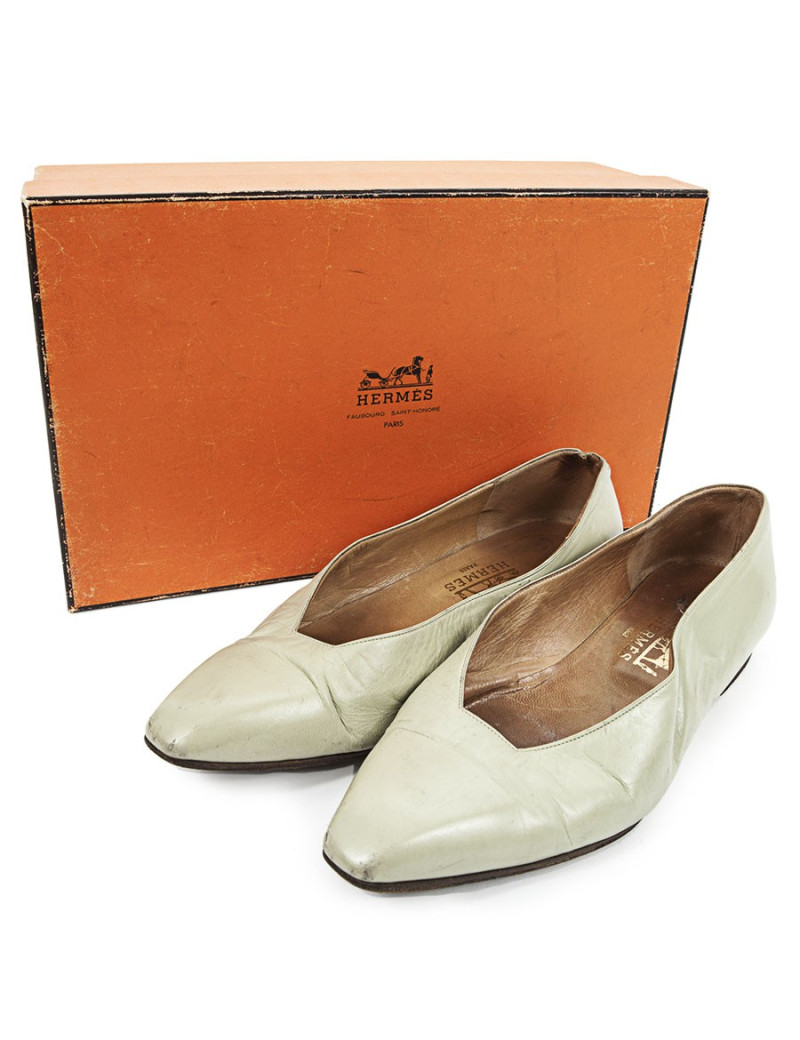 Ballerines HERMES T 35.5 cuir d'agneau vert d'eau