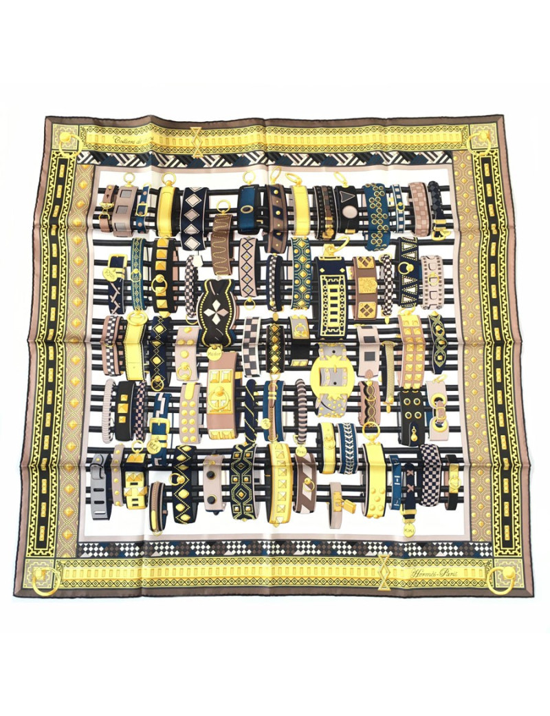 xxx Carré HERMES "Colliers de chiens" en soie jaune