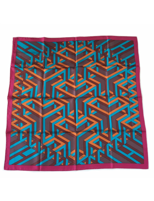xxx Carré HERMES  "Carré Cube" en soie fuchsia, turquoise et rouille