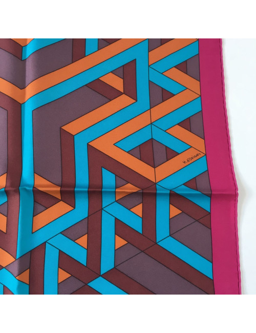 Hermès "Square Cube" in silk fuchsia, turquoise and rust