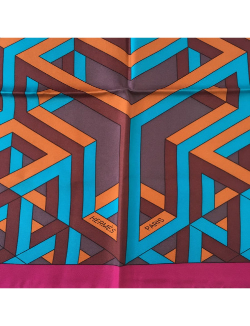 Hermès "Square Cube" in silk fuchsia, turquoise and rust