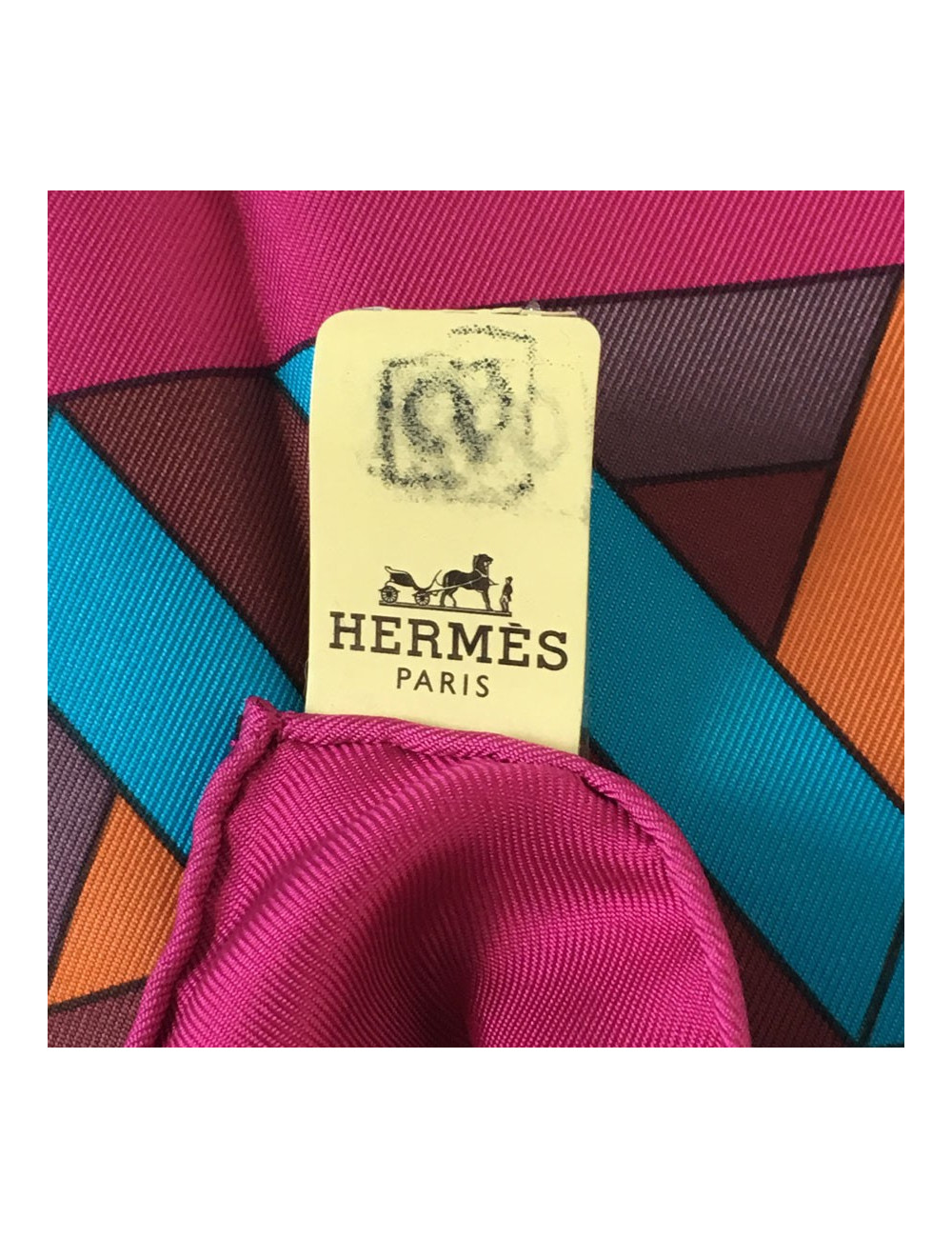 Hermès "Square Cube" in silk fuchsia, turquoise and rust