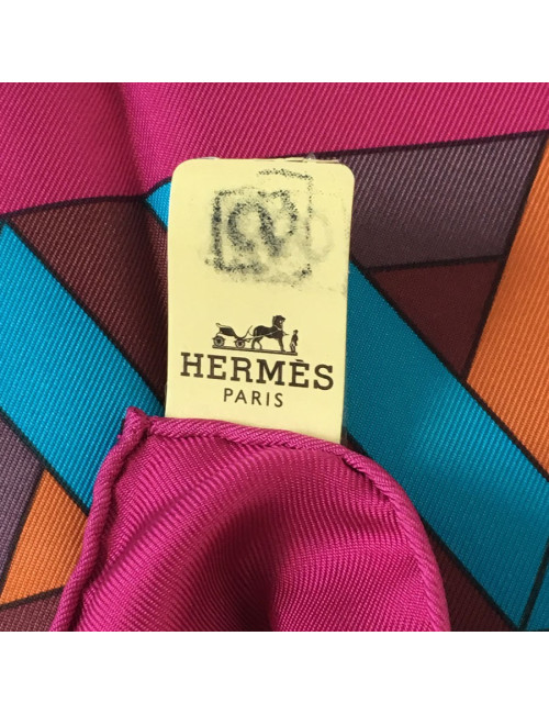 Hermès "Square Cube" in silk fuchsia, turquoise and rust
