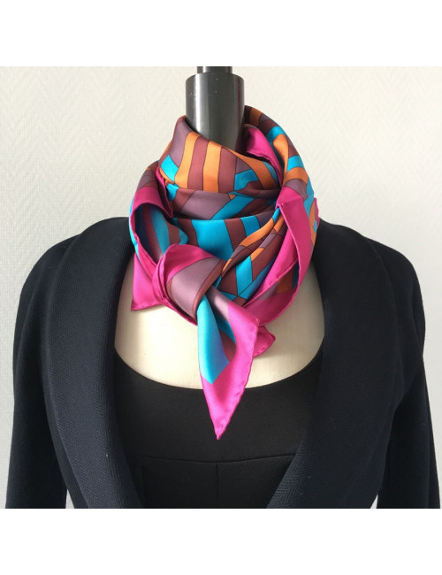 Hermès "Square Cube" in silk fuchsia, turquoise and rust