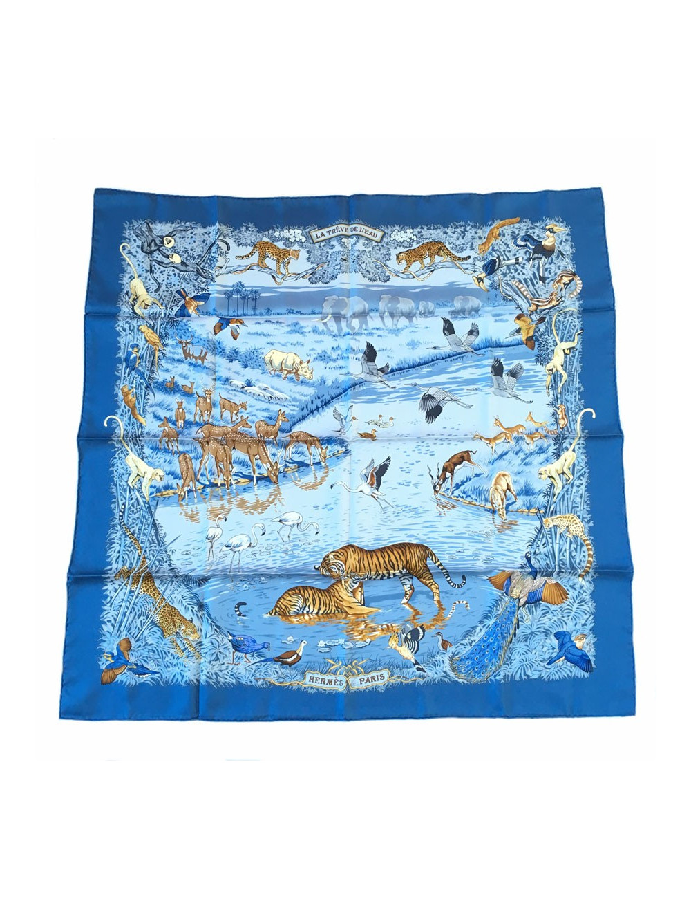 xxx Carré HERMES 'La trève de l'eau' en soie bleue