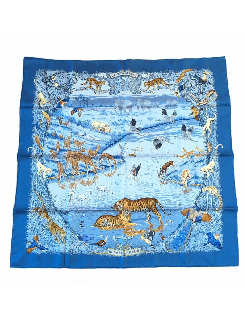 xxx Carré HERMES 'La trève de l'eau' en soie bleue