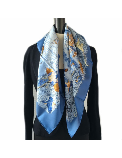 xxx Carré HERMES 'La trève de l'eau' en soie bleue
