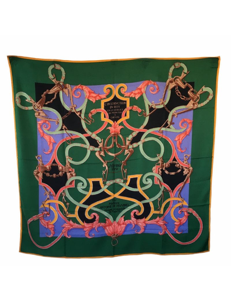 xxx Châle HERMES "L'instruction du Roy" en soie et cachemire vert et jaune