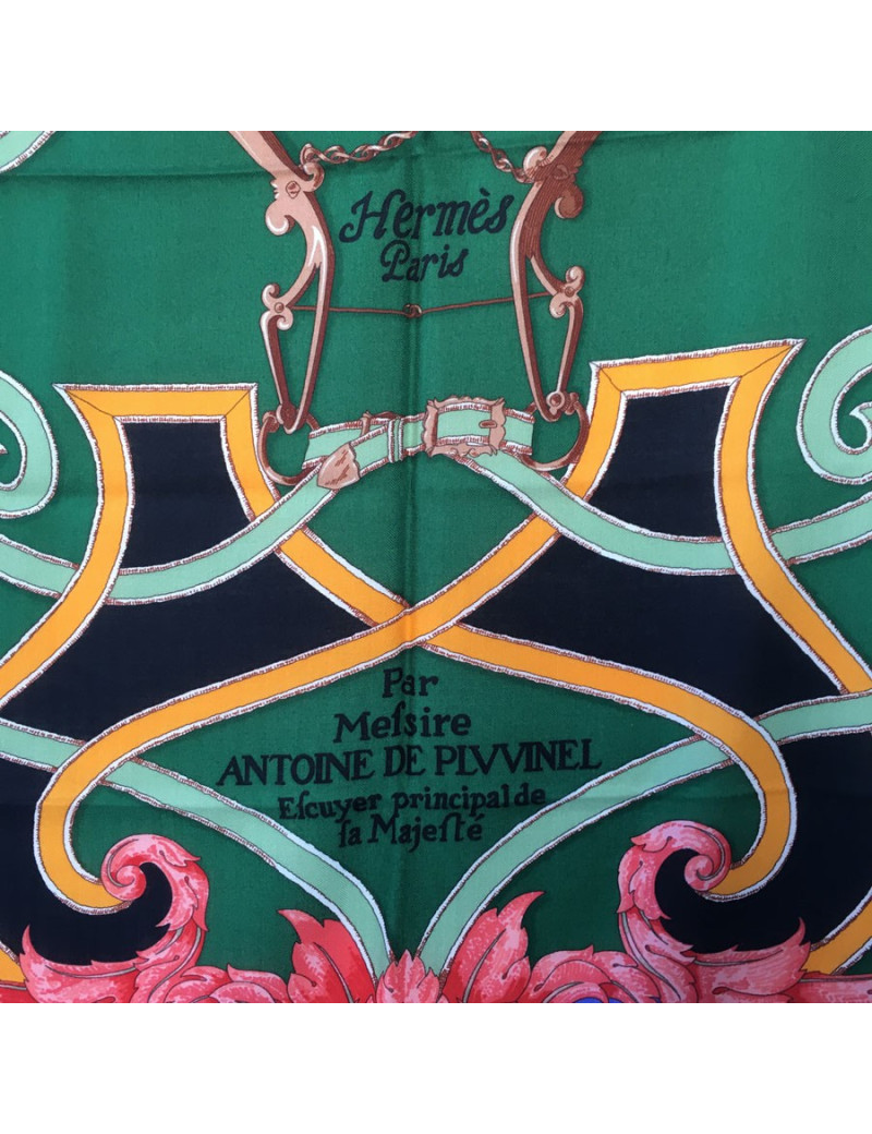 xxx Châle HERMES "L'instruction du Roy" en soie et cachemire vert et jaune