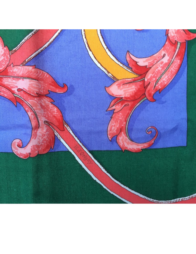 HERMES 'L'instruction du Roy' Shawl in Green, Yellow and Mauve Silk and Cashmere