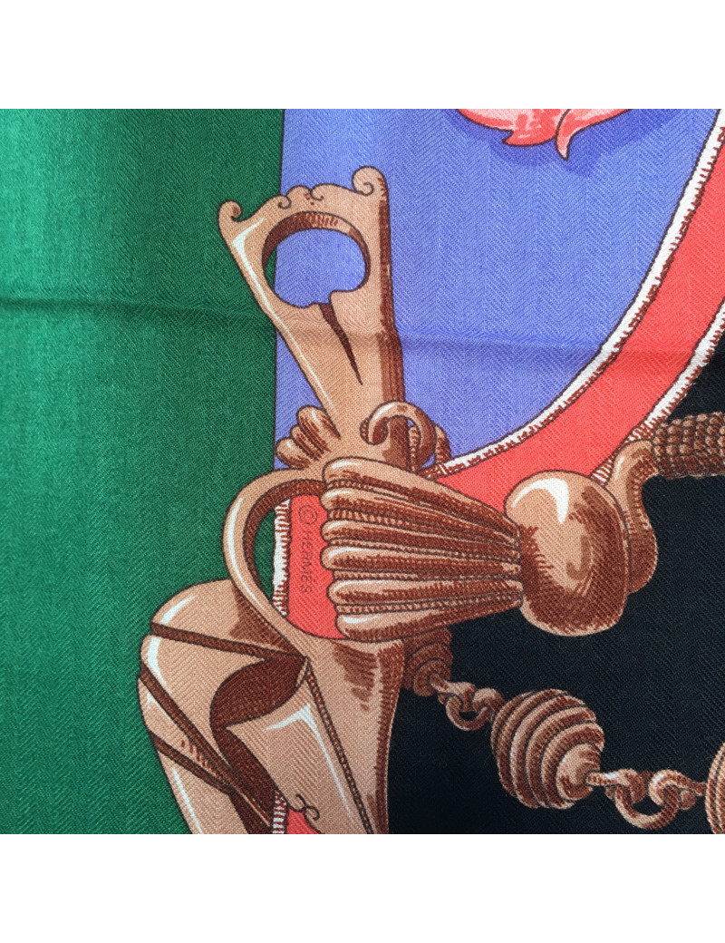 xxx Châle HERMES "L'instruction du Roy" en soie et cachemire vert et jaune