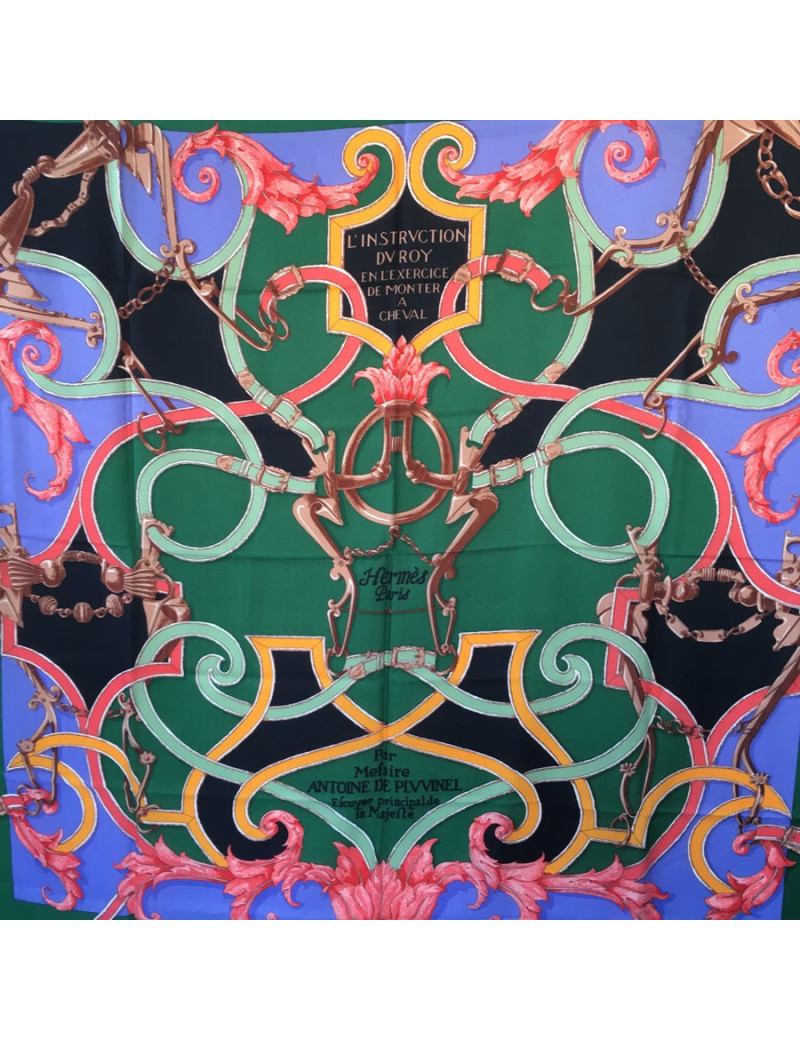 xxx Châle HERMES "L'instruction du Roy" en soie et cachemire vert et jaune