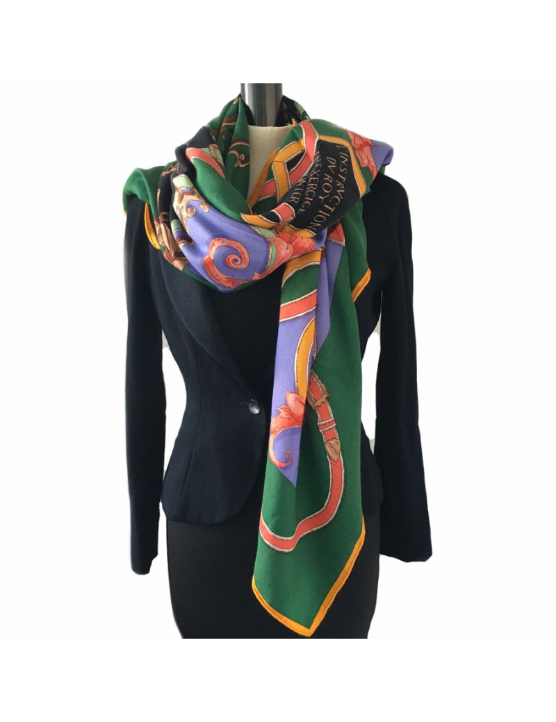 HERMES 'L'instruction du Roy' Shawl in Green, Yellow and Mauve Silk and Cashmere