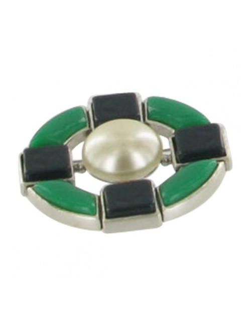 CHANEL collection 2009 round brooch in silver plated metal, green resin and pearl 
