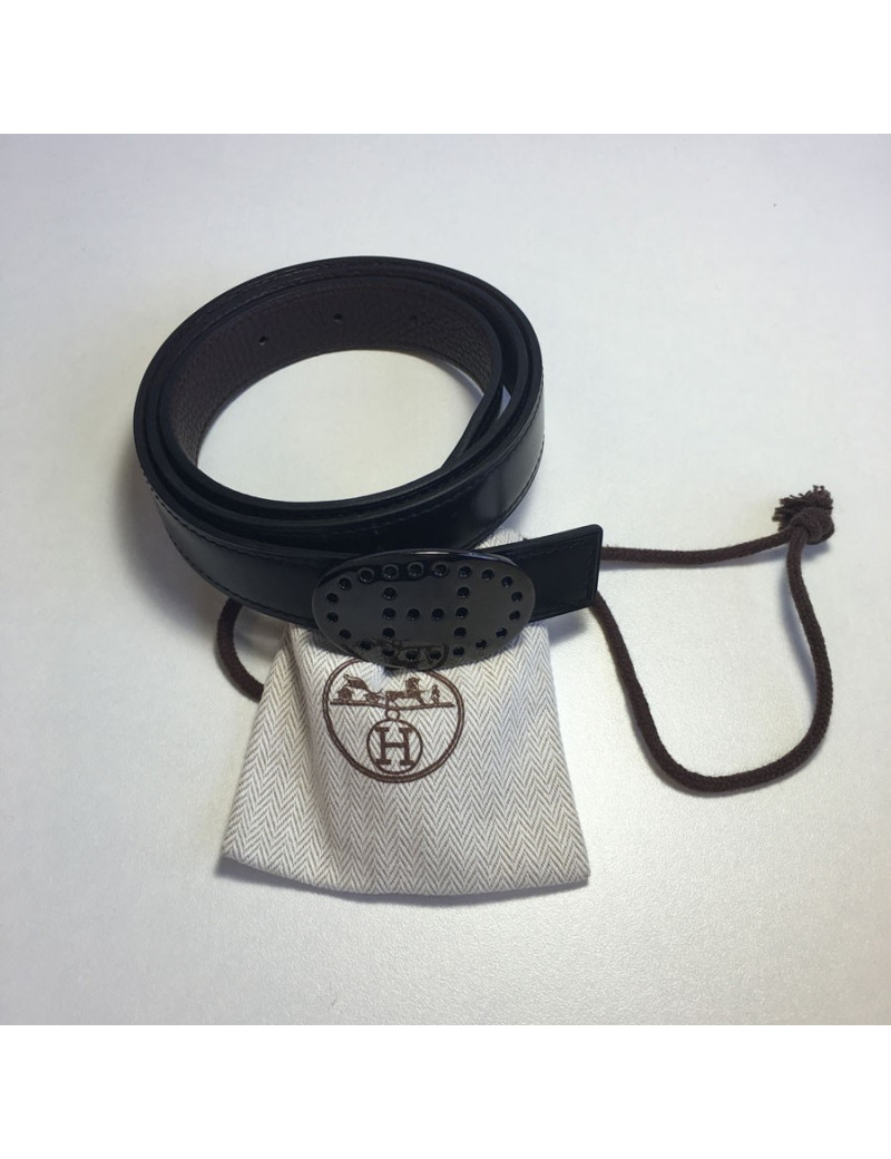 Belt HERMES reversible leather box black and Brown grain calf leather