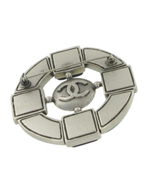 CHANEL collection 2009 round brooch in silver plated metal, green resin and pearl 