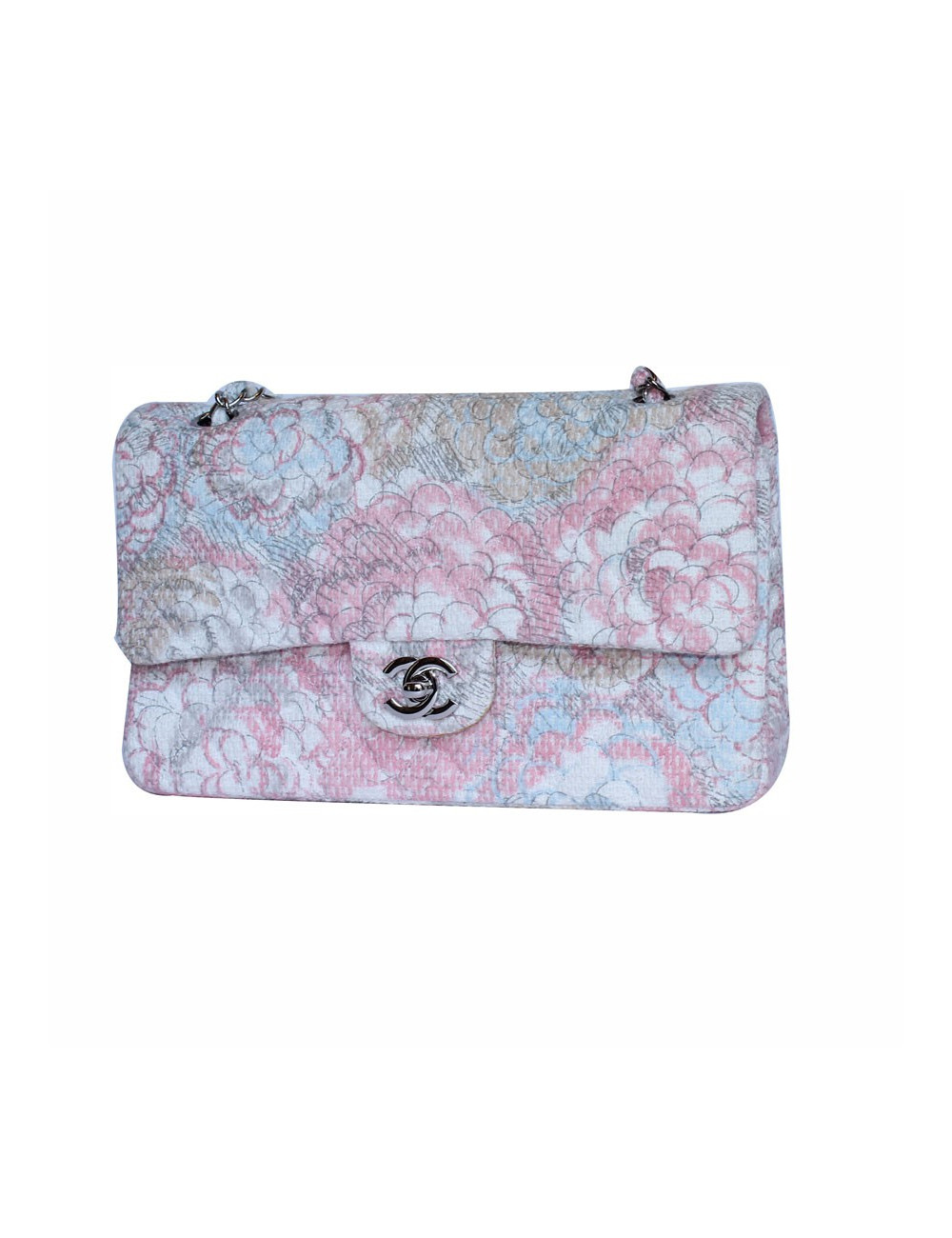 Timeless CHANEL en toile motifs camélias bijouterie argent