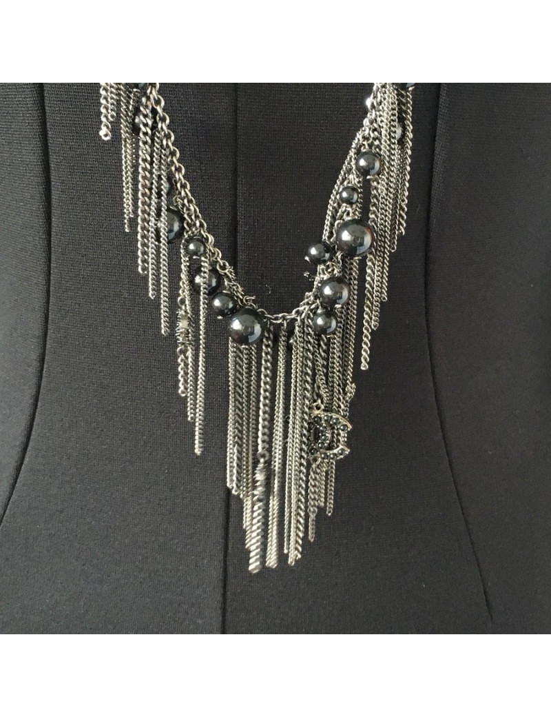 CHANEL Black Pearl Necklace and silver strings
