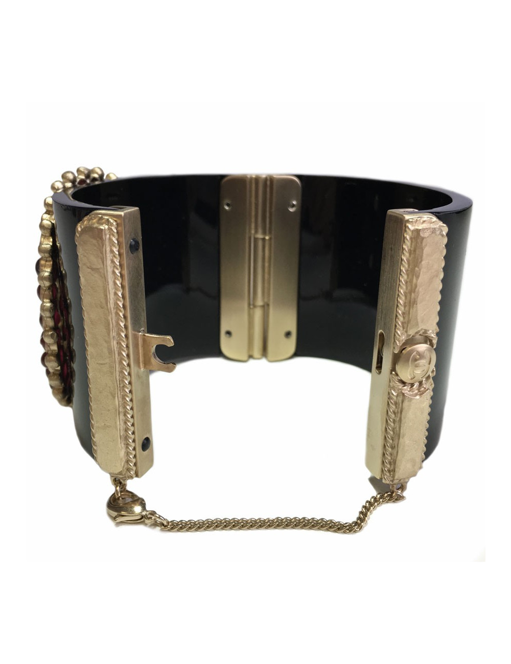 CHANEL Byzantine cuff  bracelet in black resin, gilded metal and colored molten glass 