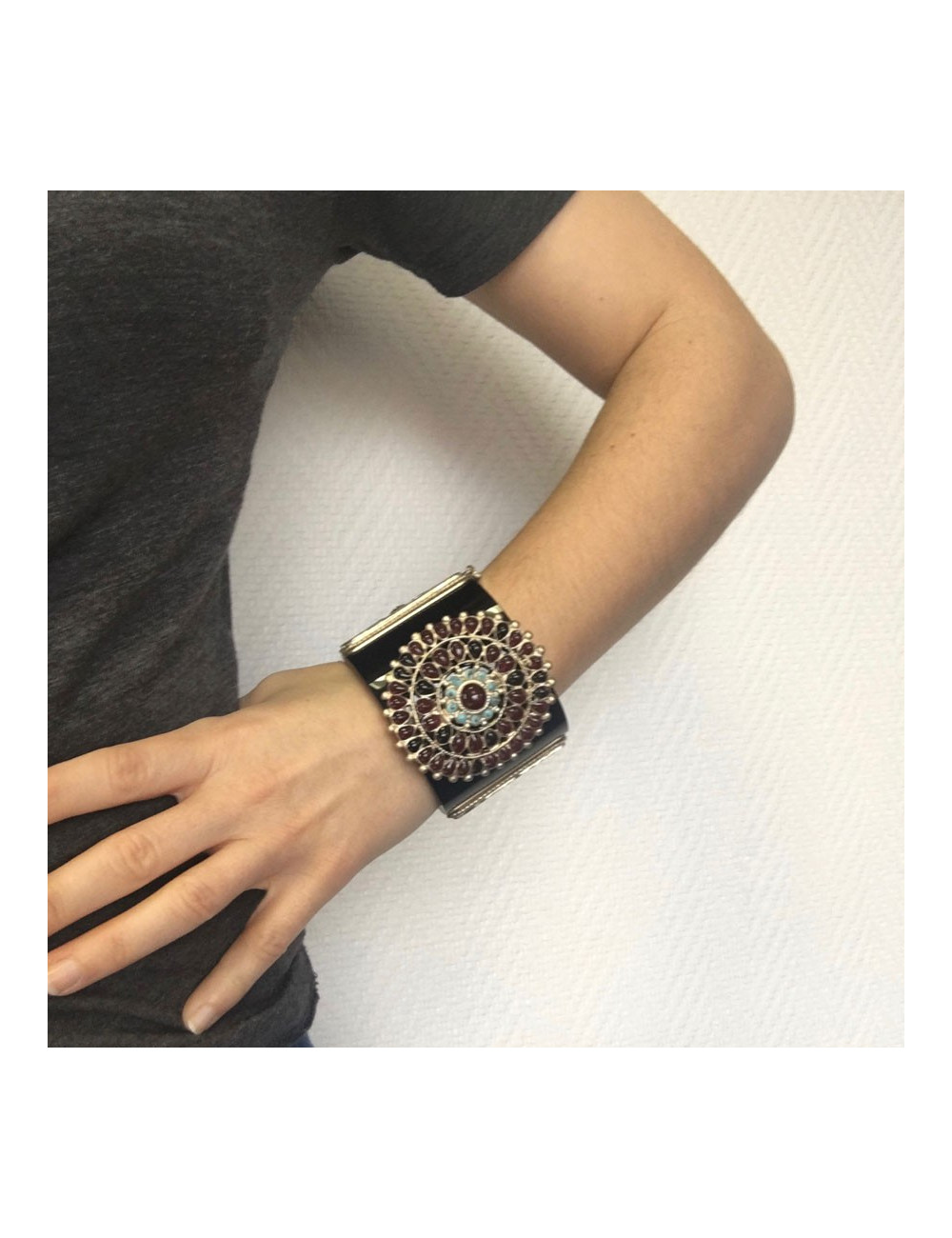 CHANEL Byzantine cuff  bracelet in black resin, gilded metal and colored molten glass 