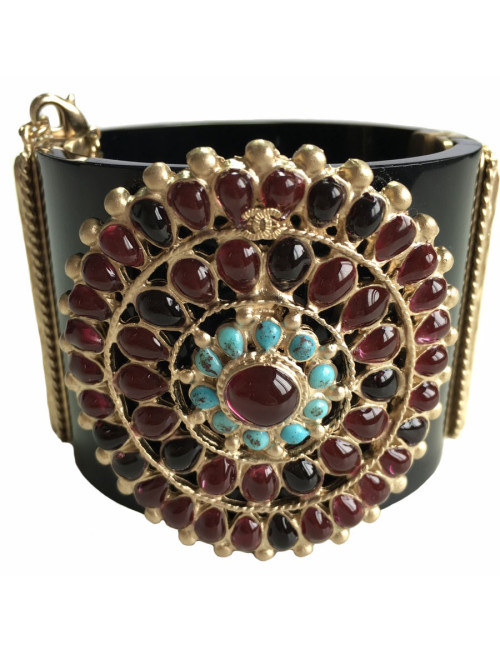 CHANEL Byzantine cuff  bracelet in black resin, gilded metal and colored molten glass 