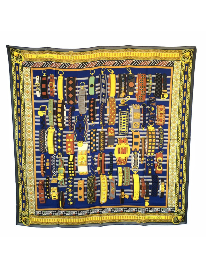 xxx Châle HERMES "Colliers de Chiens" en cachemire et soie bleu et jaune