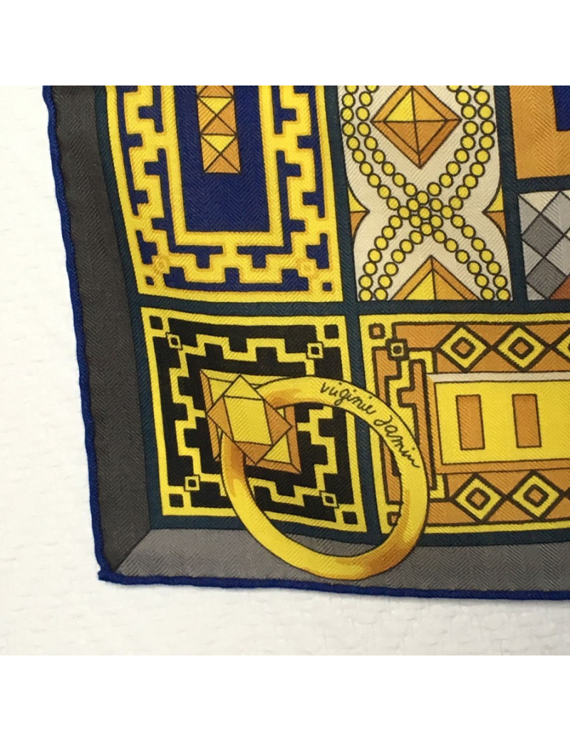 HERMES shawl 'Collier de chien' in blue and yellow cashmere and silk