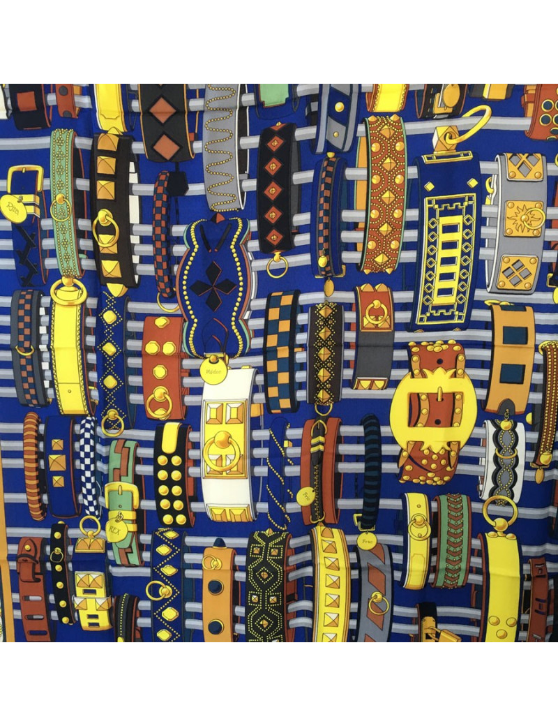 HERMES shawl 'Collier de chien' in blue and yellow cashmere and silk