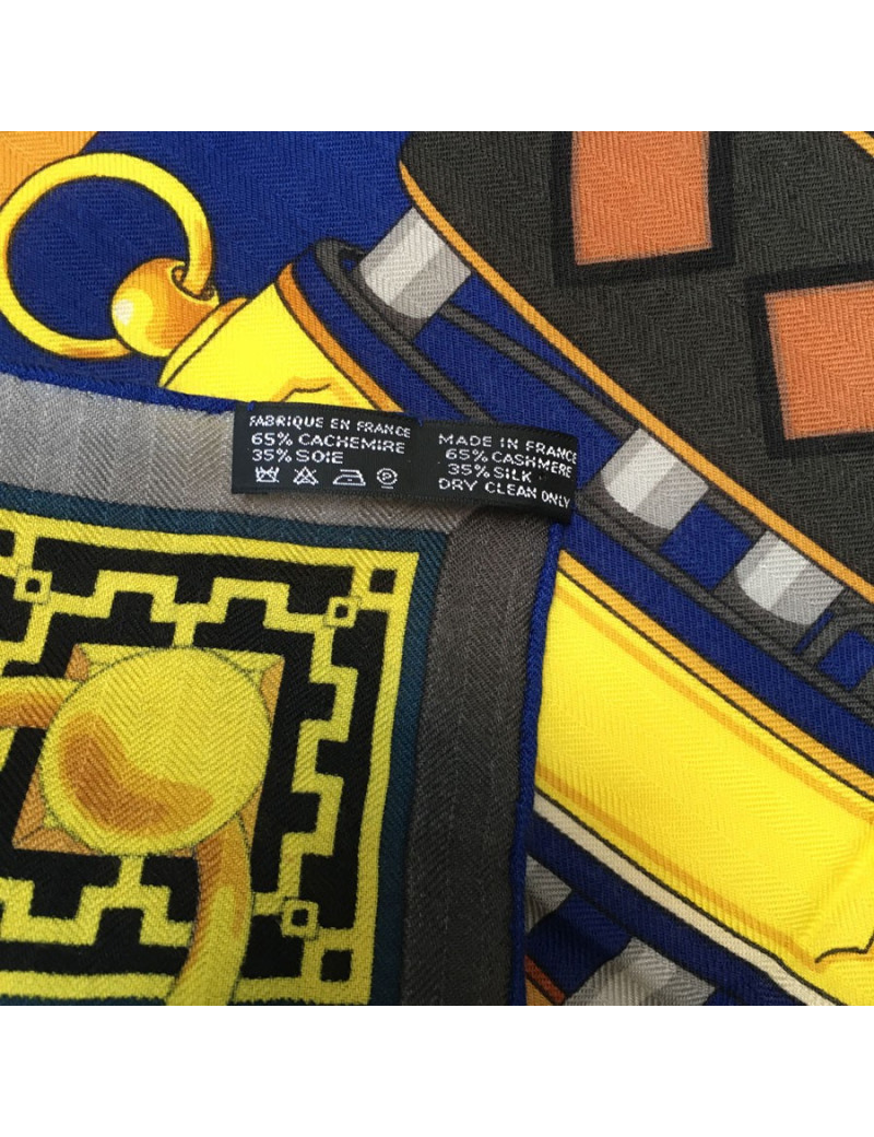 HERMES shawl 'Collier de chien' in blue and yellow cashmere and silk