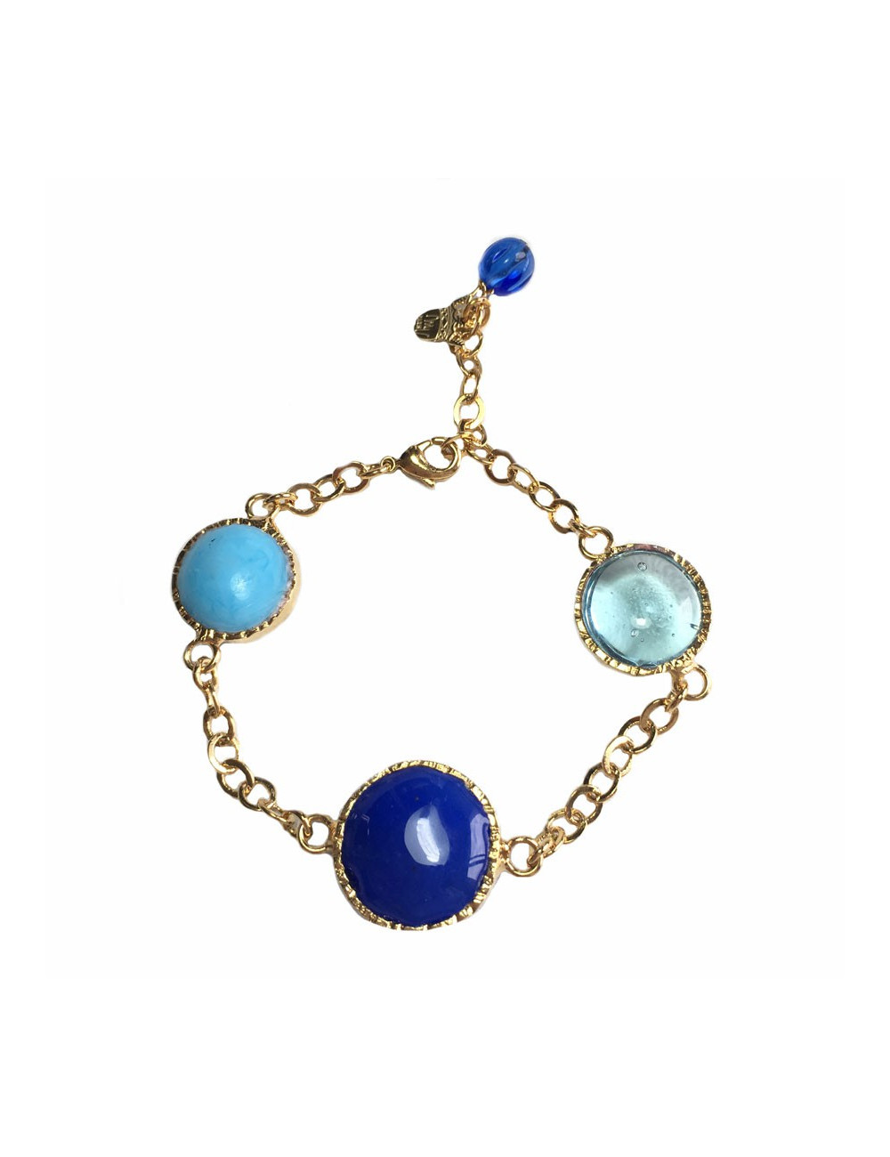 Bracelet MARGUERITE de VALOIS chaîne en métal doré et pâte de verre dans les tons bleus