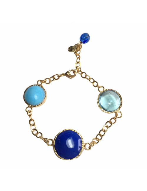 Bracelet MARGUERITE de VALOIS chaîne en métal doré et pâte de verre dans les tons bleus