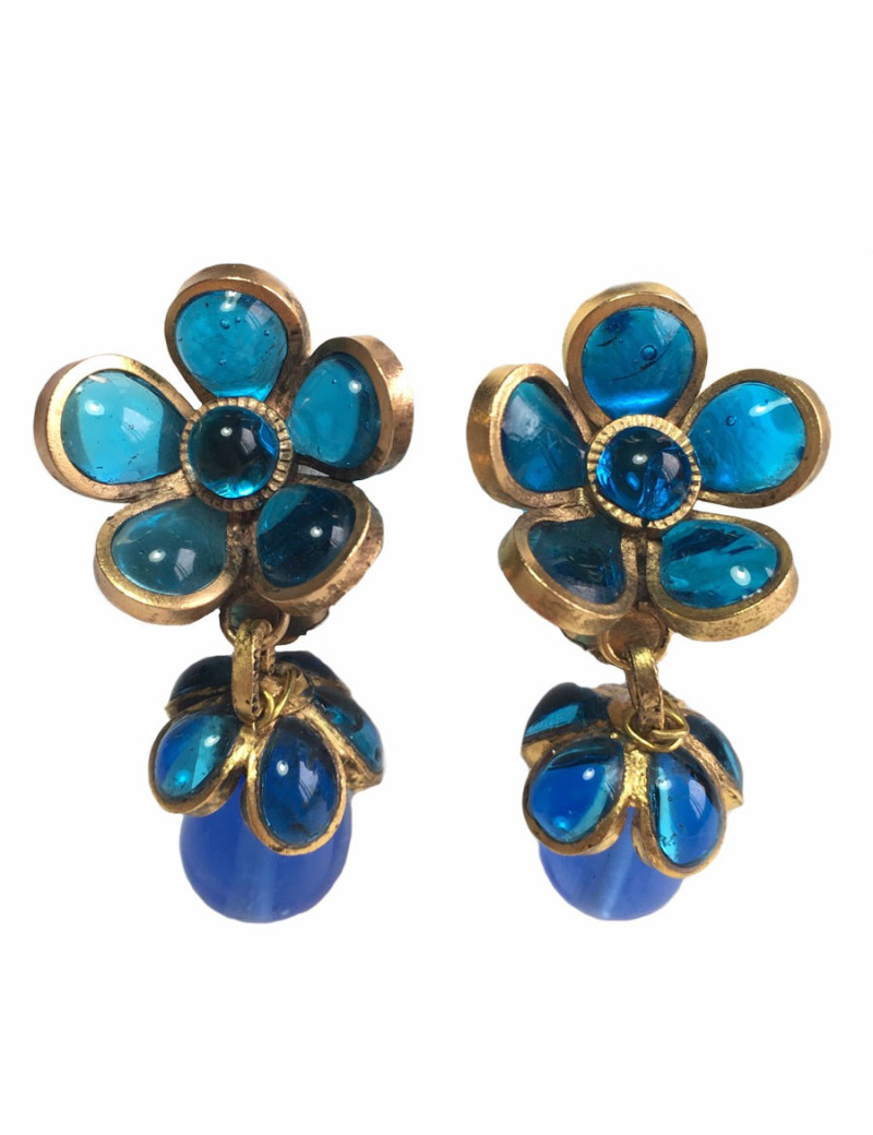 Boucles d'oreille Clips pendants MARGUERITE de VALOIS en pâte de verre bleue