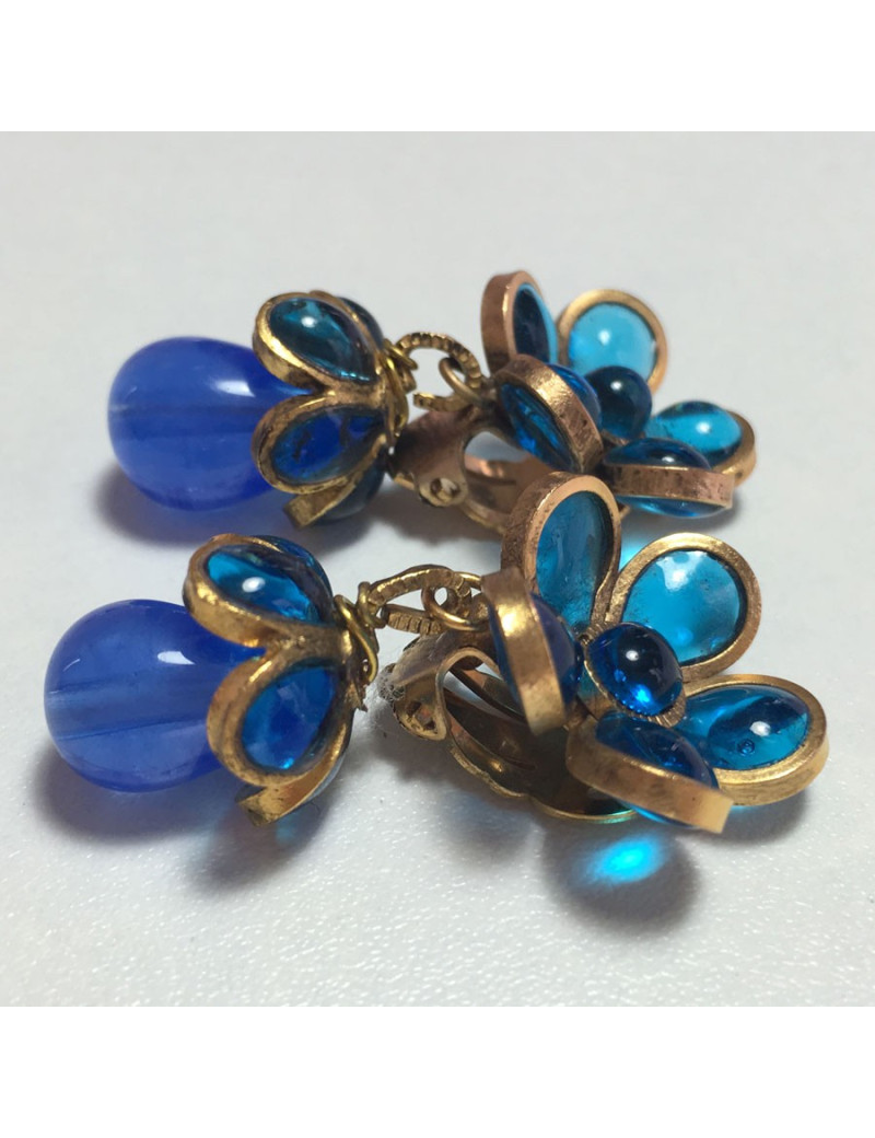 Earrings hanging Clips MARGUERITE of VALOIS glass blue