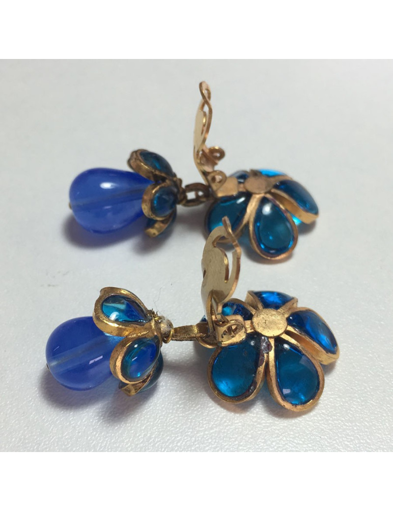 Earrings hanging Clips MARGUERITE of VALOIS glass blue