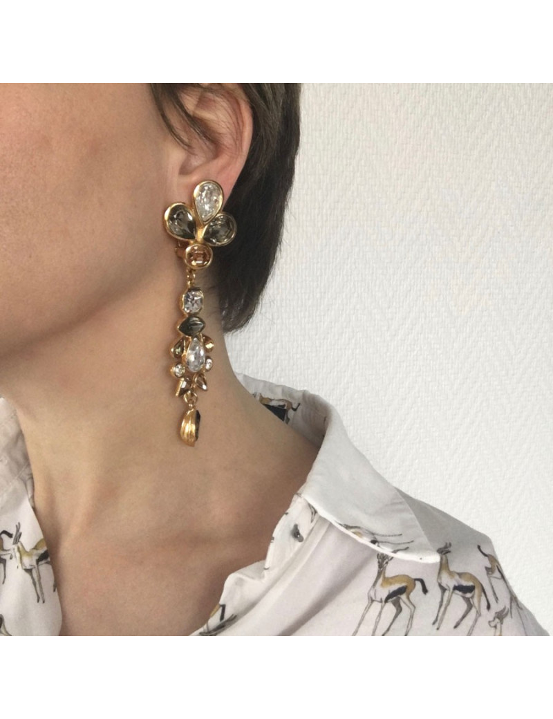 xxx Boucles d'oreille clips pendants YSL YVES SAINT LAURENT en métal doré