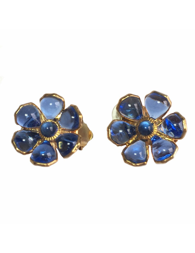 Boucles d'oreille clips MARGUERITE de VALOIS en pâte de verre bleue