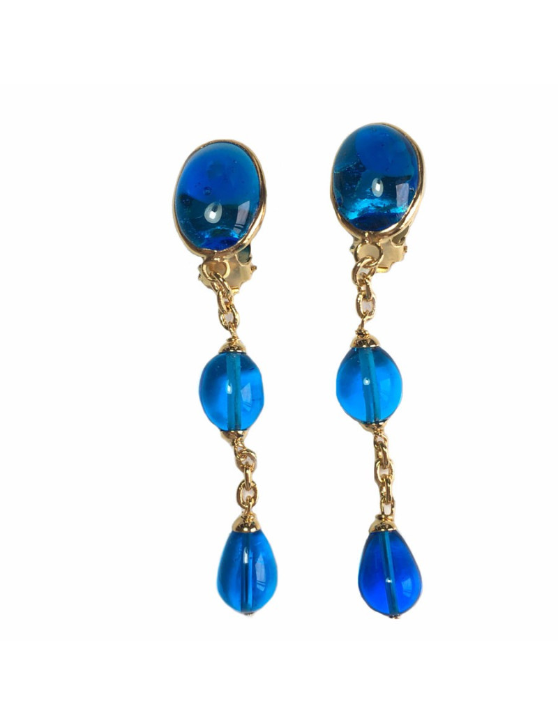 Boucles d'oreille clips MARGUERITE de VALOIS  en pâte de verre bleue