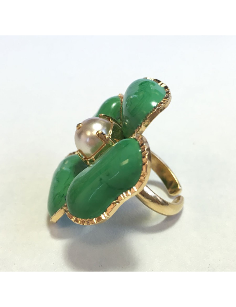 Bague trèfle à 4 feuilles MARGUERITE de VALOIS en pâte de verre verte