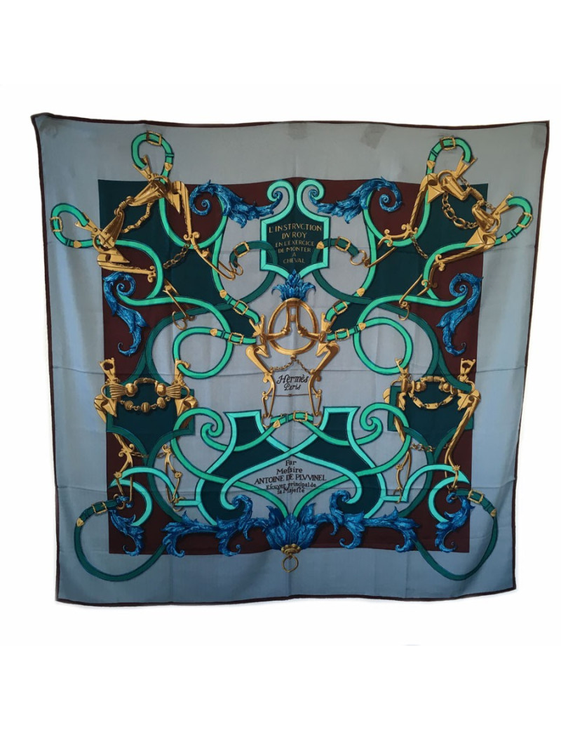 xxx Châle HERMES  "L'instruction du Roy" en soie et cachemire bordeaux, bleu et vert