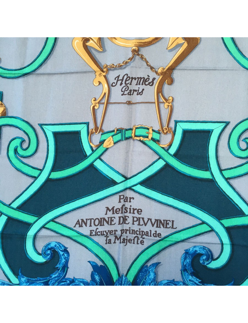 xxx Châle HERMES  "L'instruction du Roy" en soie et cachemire bordeaux, bleu et vert