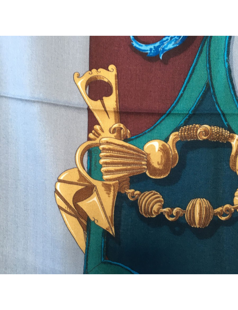 xxx Châle HERMES  "L'instruction du Roy" en soie et cachemire bordeaux, bleu et vert