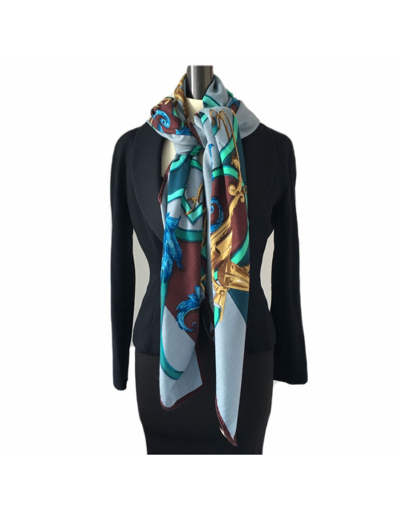 Shawl HERMES "Instruction of the Roy" silk and cashmere Burgundy, blue and green
