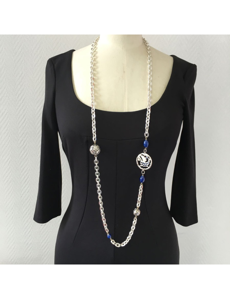 Marguerite of Valois silver chain and blue beads long necklace