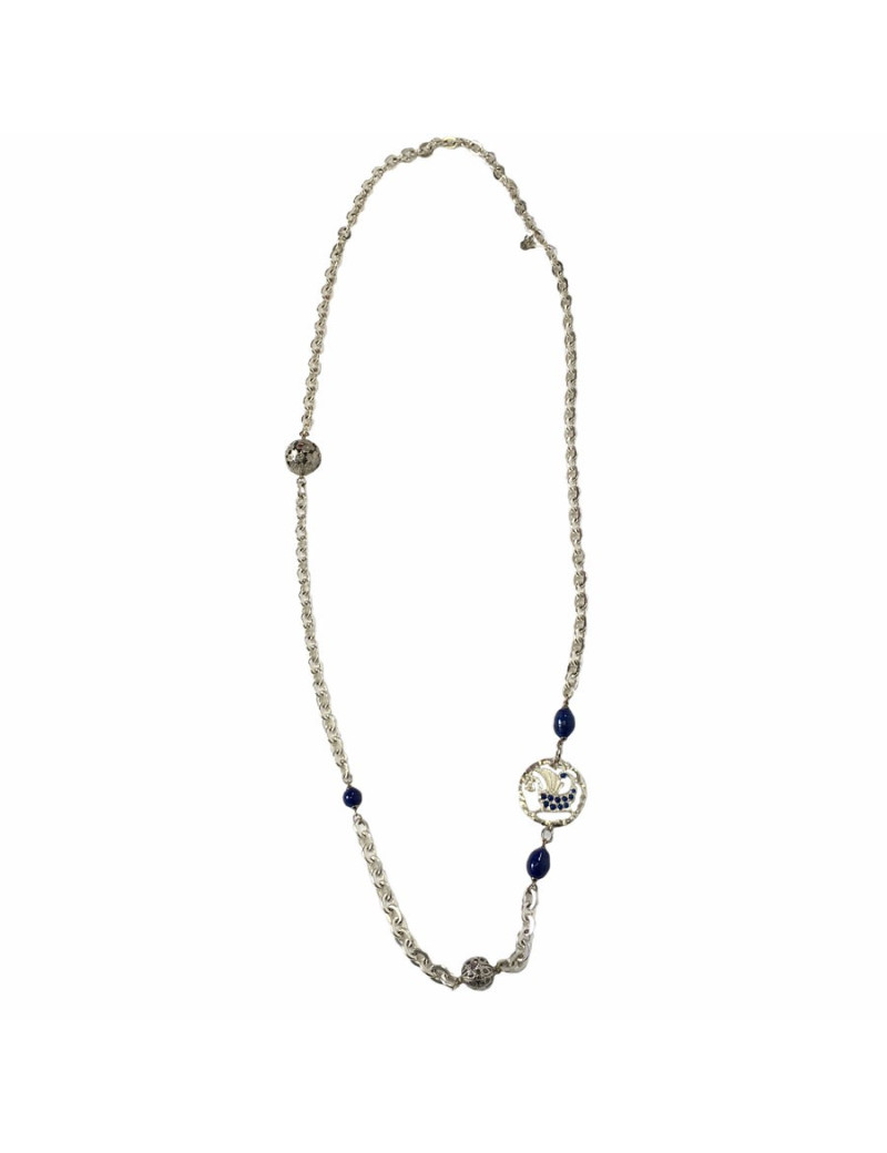 Sautoir Marguerite de Valois chaîne argentée et perles bleues