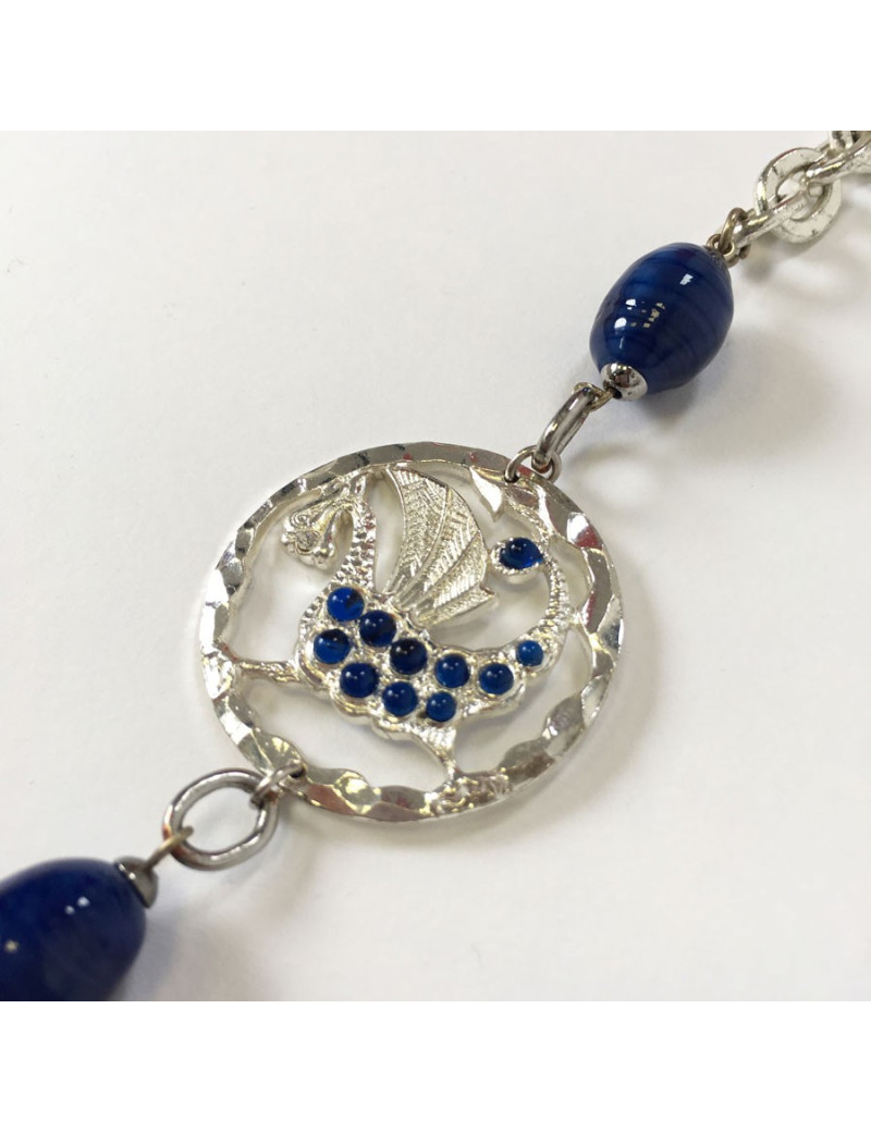 Marguerite of Valois silver chain and blue beads long necklace