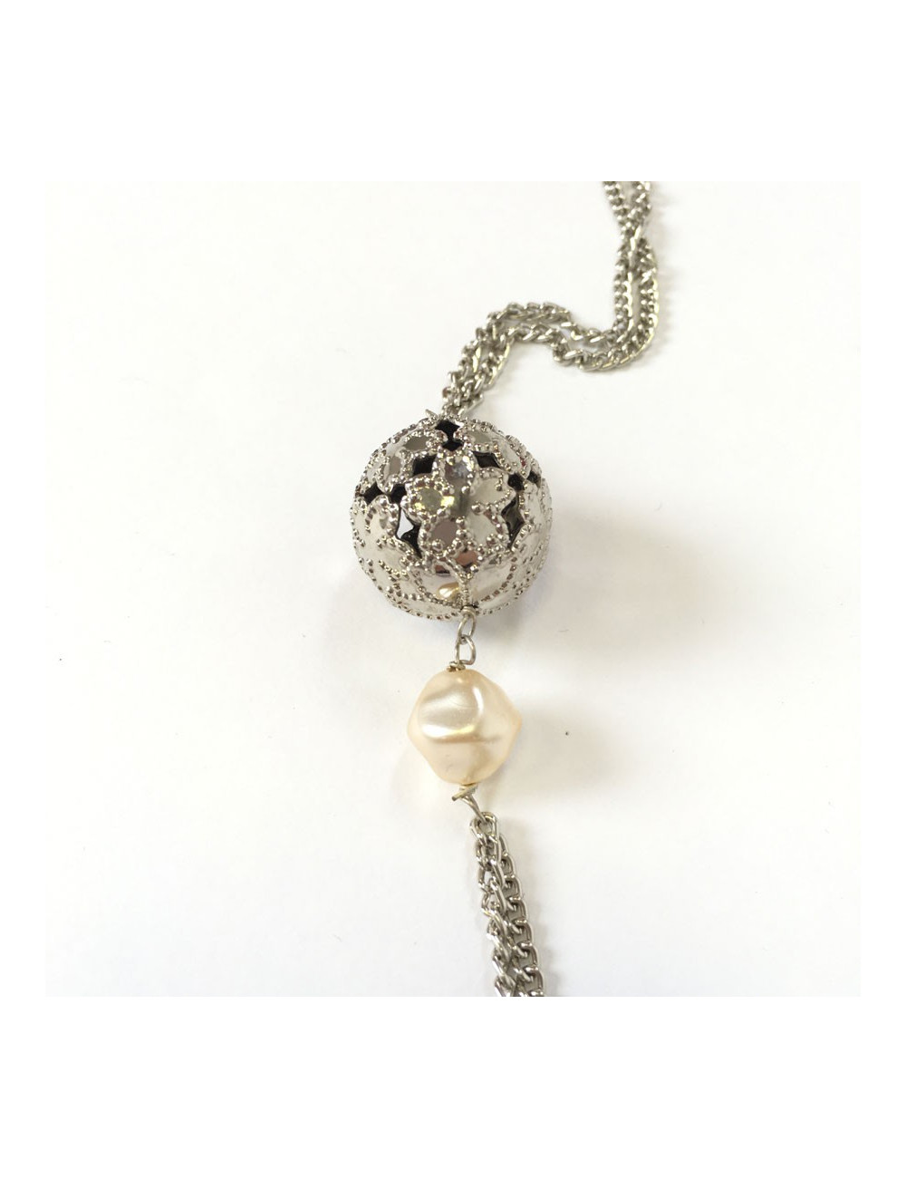 Sautoir MARGUERITE DE VALOIS « Sphère » en métal argenté