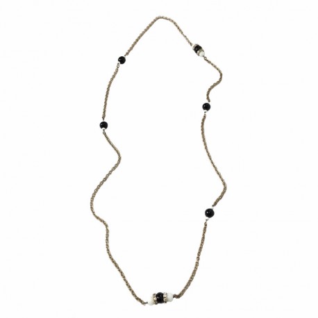 Sautoir MARGUERITE DE VALOIS chaîne argentée, strass, perles noires et blanches