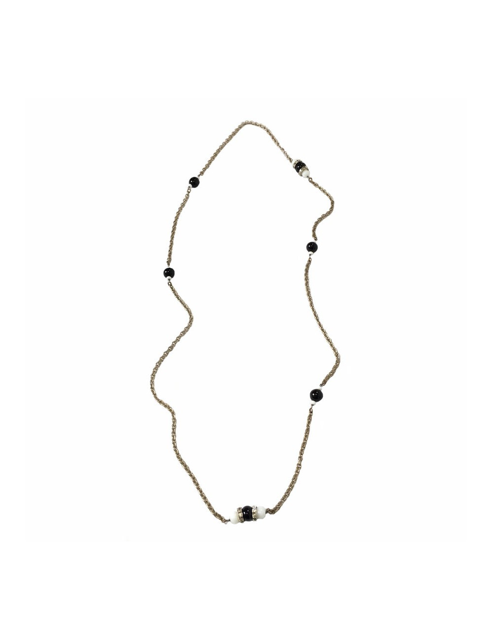 Sautoir MARGUERITE DE VALOIS chaîne argentée, strass, perles noires et blanches