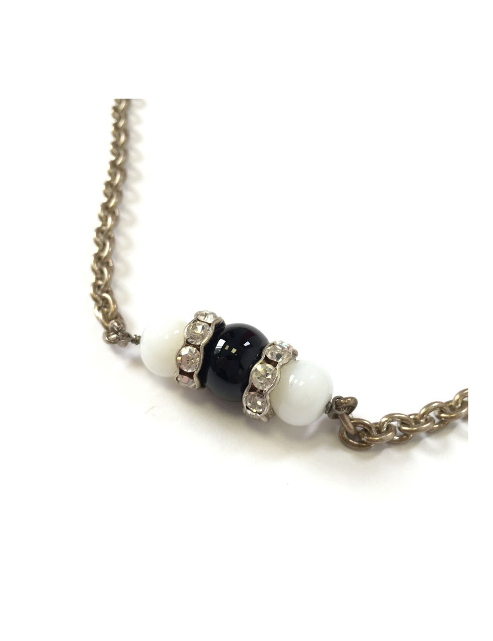 MARGUERITE of VALOIS silver chain necklace with rhinestones and black and white pearls
