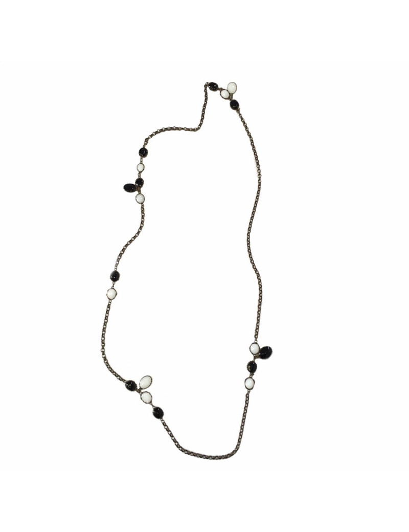 Necklace MARGUERITE of VALOIS gold chain and black and white glass paste
